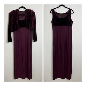 Vintage Jessica McClintock Burgundy Formal Maxi Dress Velvet Shrug Jacket Sz 14